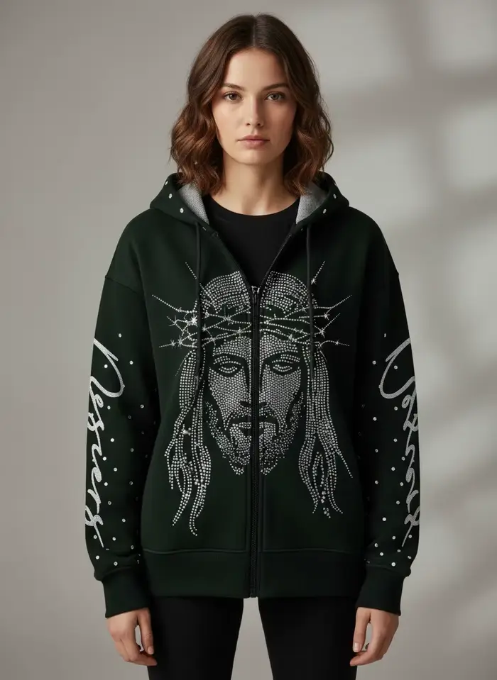 Un sweat à capuche ample avec un motif tridimensionnel de figures incrustées de diamants dans le sty