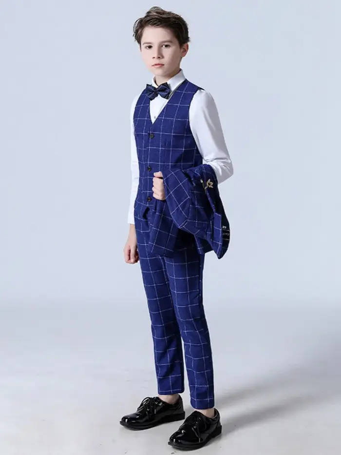 Ensemble de costume à carreaux bleu élégant, 5 pièces, tenue de spectacle de Piano, beaux garçons in