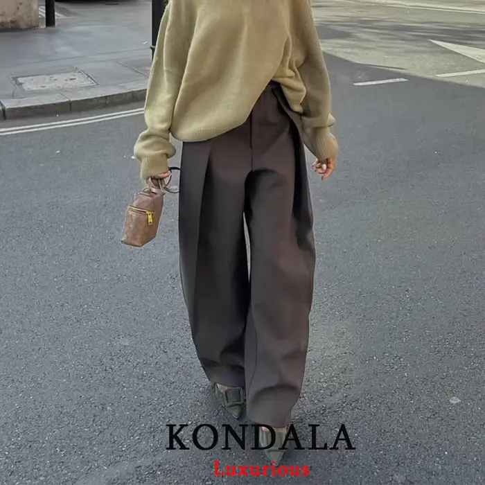 KONDALA décontracté Chic pantalon à jambes larges femmes bureau dame poches plissé pantalons longs m