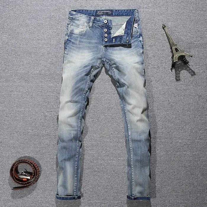 Jeans italiens de créateur pour hommes, coupe slim, style rétro, bleu délavé, brodés, haute qualité,
