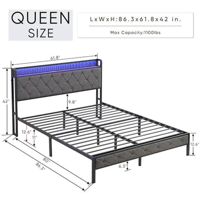 Cadre de lit King avec planche de sauna de rangement, station de charge et lumières LED, lit platefo
