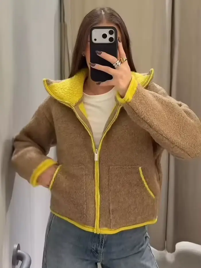 Veste décontractée automne 2026 pour femme, design contrasté, manches longues, fermeture éclair, sty