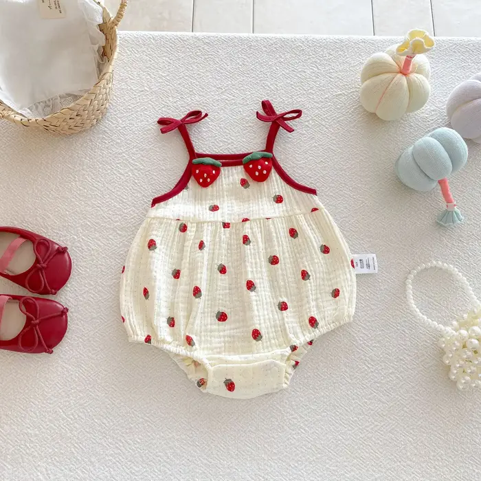 Combinaison d'été 2026 mignonne pour bébé, motif fraise, camisole une pièce, vêtement jaune sans man