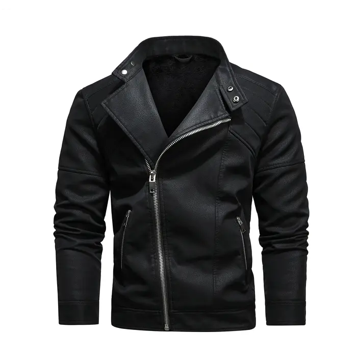 Veste en cuir PU pour hommes, avec polaire, grand revers, fermeture éclair diagonale sur le devant, 
