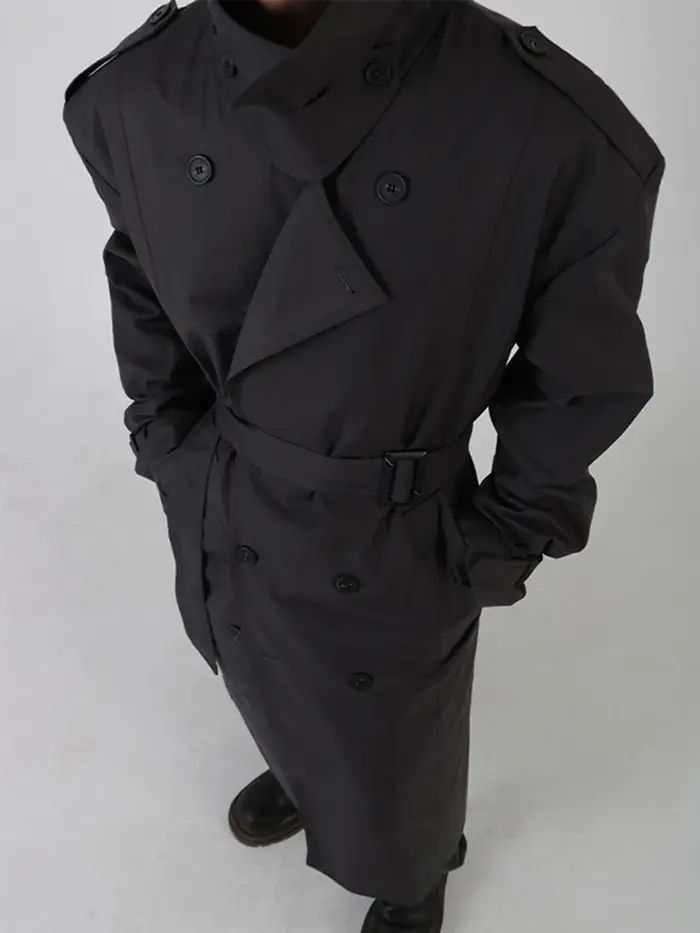 Mauroicardi-Manteau long noir pour homme, ceinture double boutonnage, décontracté, coupe-vent, print