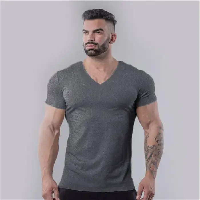 T-shirt de sport en coton uni pour hommes, vêtements de Fitness d'été, col en v, manches courtes, co