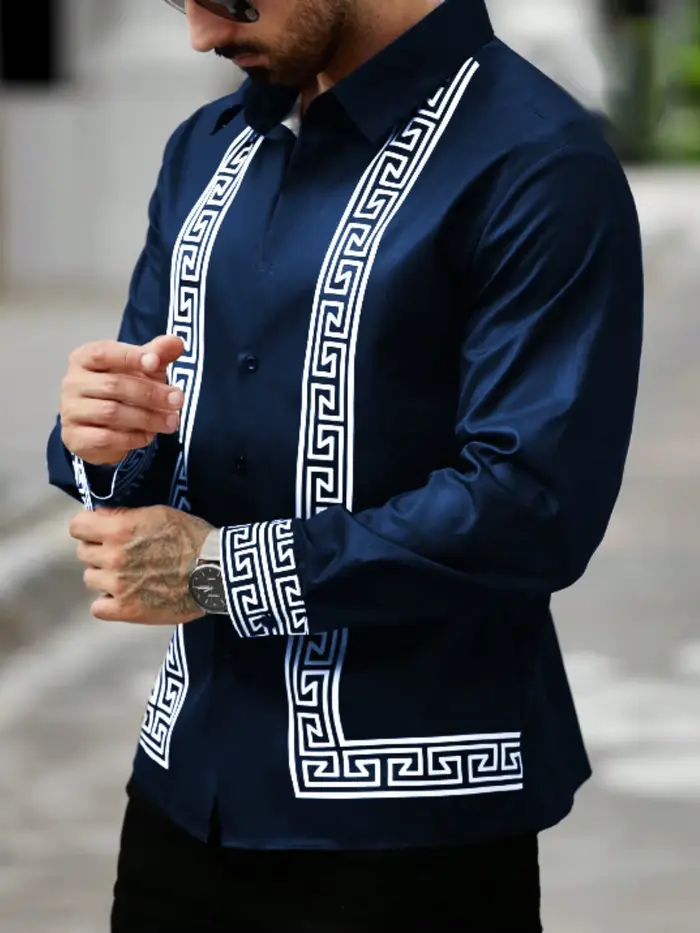 Chemise à manches longues pour hommes, surface lisse, motif géométrique complexe imprimé, rétro, déc