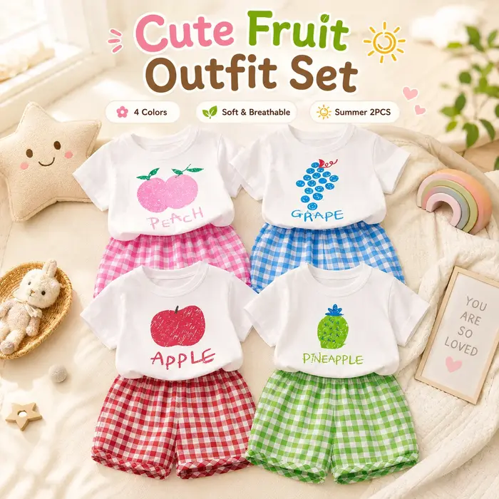 Ensemble haut à manches courtes et short à carreaux fruits dessin animé pour enfants vêtements d'extérieur décontractés été