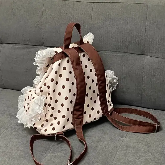 Sac à dos Preppy à pois avec nœud décoratif en dentelle, plusieurs poches, grande capacité, sac simp
