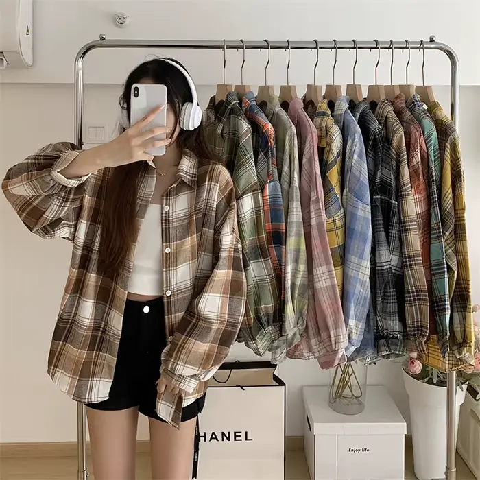 Chemise à carreaux femmes automne à manches longues haut femme simple boutonnage Blouse dames Style 