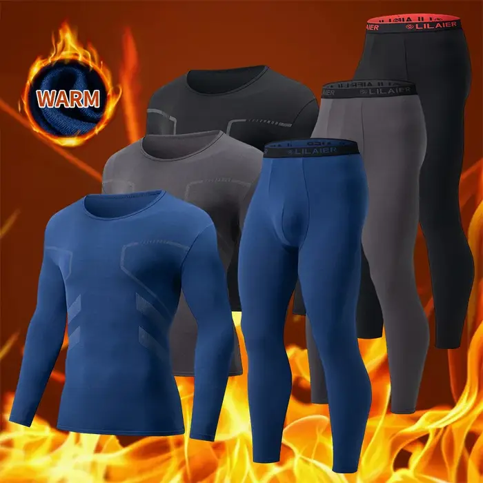 Ensemble de sous-vêtements thermiques de sport imprimés pour hommes, 2 pièces, couleur unie, col ron