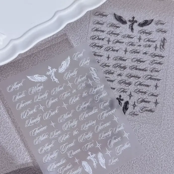 Autocollants pour ongles avec lettres noires et blanches, motifs d'ailes d'ange, designs mixtes, aut