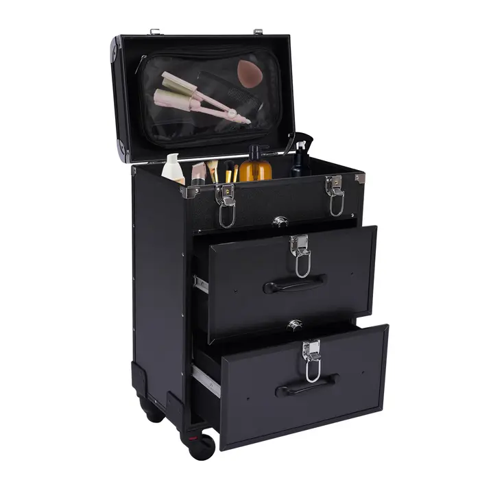 Valise à roulettes de maquillage à 3 niveaux, cadre en alliage d'aluminium, chariot cosmétique avec 