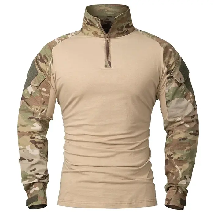 Chemises tactiques d'extérieur à manches longues, chemise de Combat, fermeture éclair 1/4, en coton 
