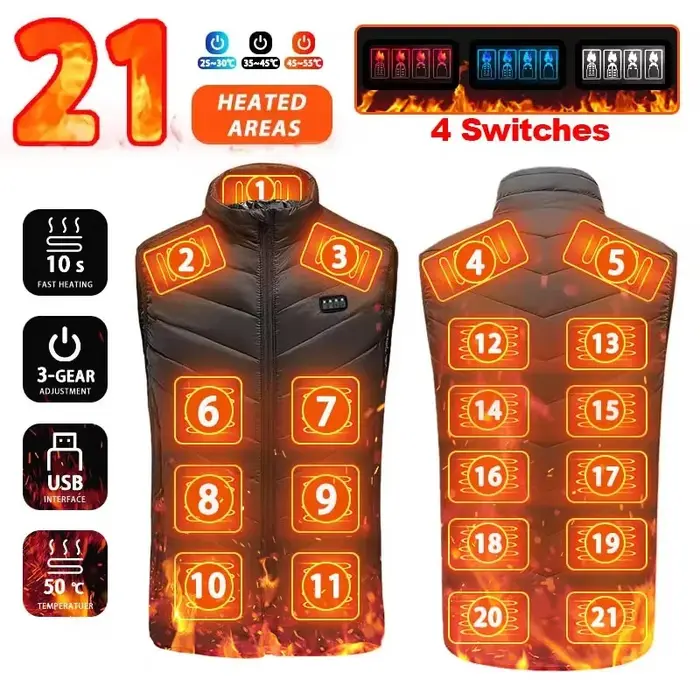 21 Zones de gilet chauffant vestes chauffantes électriques hommes femmes vêtements de sport manteau 