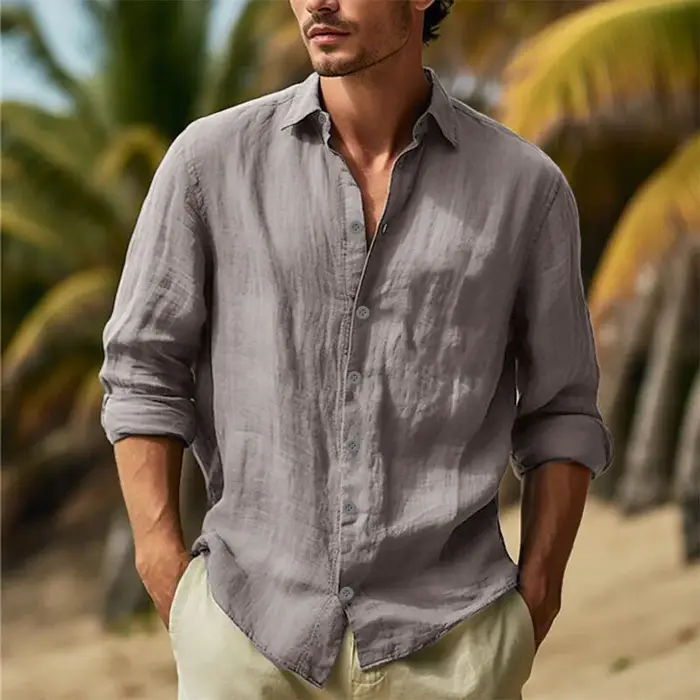 Chemises en coton et lin pour hommes, col rabattu, chemise hawaïenne solide, légère et respirante, c