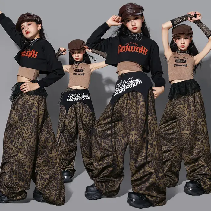 Vêtements de danse jazz pour enfants, tenue de scène Kpop pour filles, pantalon léopard, haut court 