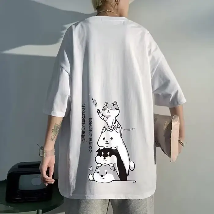 Pull à col rond extra large pour homme, chaton empilable, impression, manches moyennes, t-shirt amér