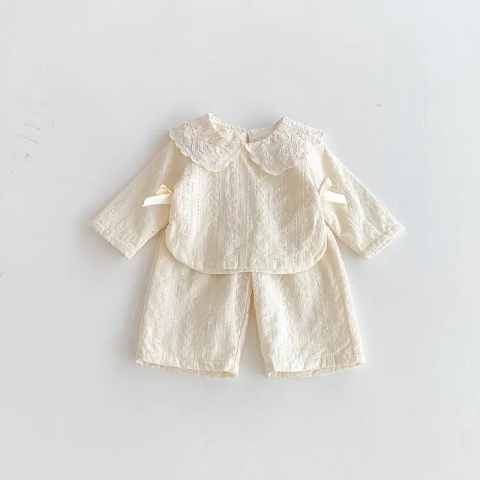 Haut à col en dentelle pour bébé fille, ensemble pantalon à jambes larges, haut à nœud pour fille d'
