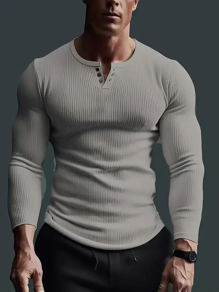 Automne hommes sans col boutonnage Henry petit haut Fitness haute Stretch Base chemise couleur unie 