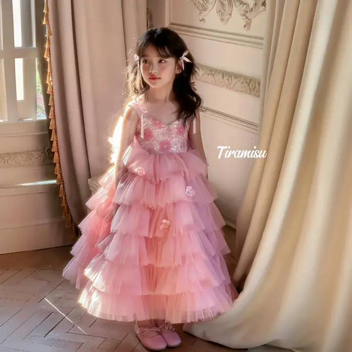 Robe de princesse d'été UNITIM pour filles, robe en gaze rose à fleurs brillantes pour enfants, robe