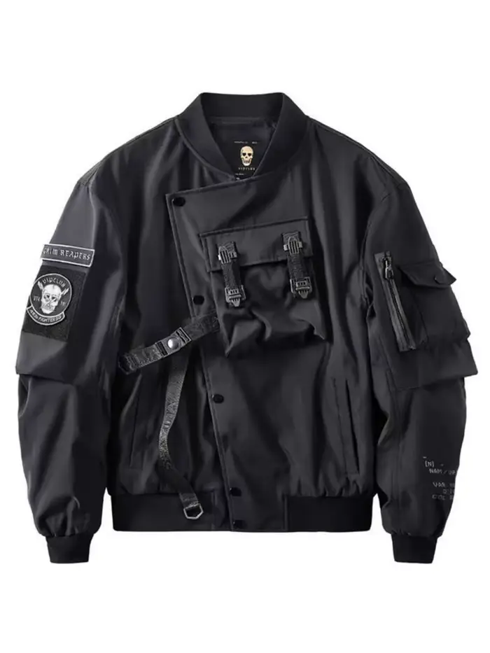 God of Death Bomber Jacket Poitrine Poche Techwear Hommes Punk Hip Hop Tactique Streetwear Noir Varsity Vestes Surdimens