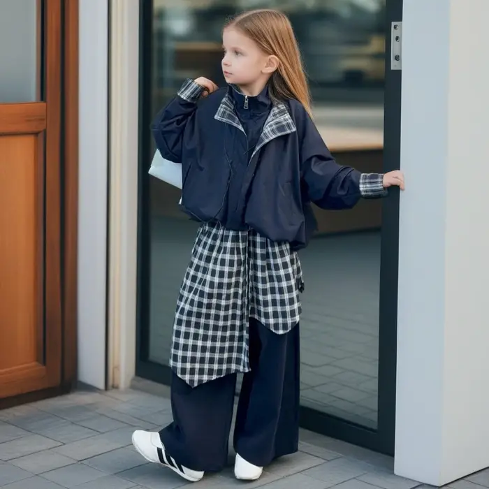 Ensemble de tenues de printemps pour filles, veste à carreaux, ourlet superposé, pantalon à jambes l