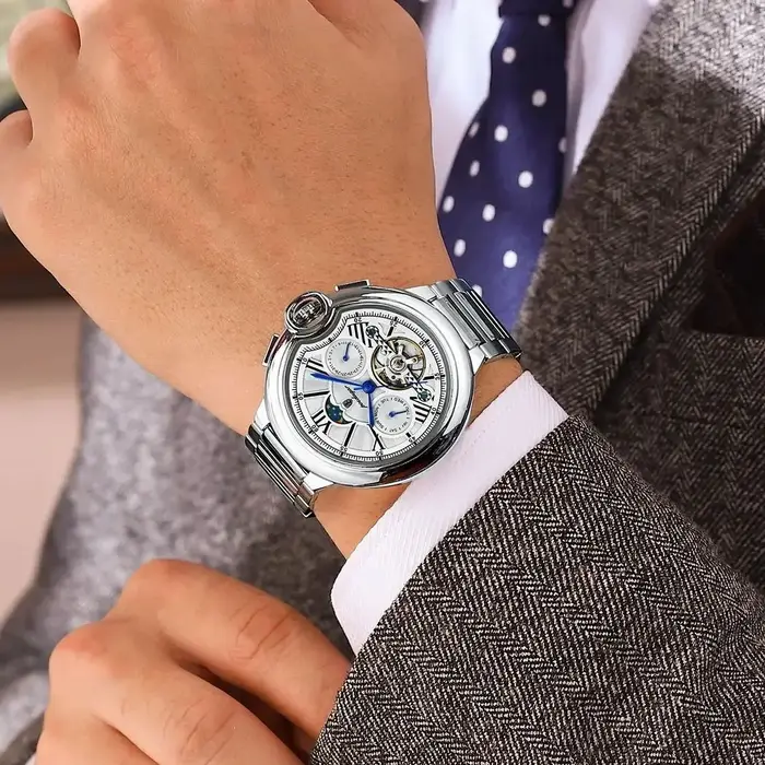 POEDAGAR luxe affaires homme montre Date semaine acier inoxydable Tourbillon hommes horloge étanche 