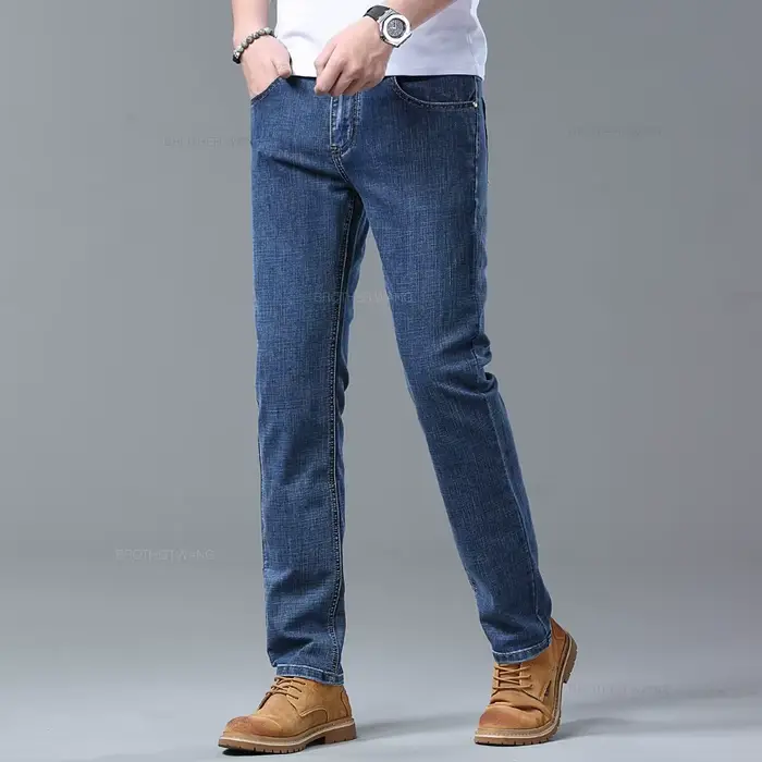 Printemps hommes bleu clair jean mince élégant décontracté tissu extensible Denim pantalon classique