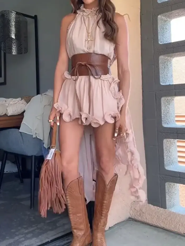 Été Sexy femmes mince solide tenues décontracté sans manches Blouse hauts Mini jupe correspondant co