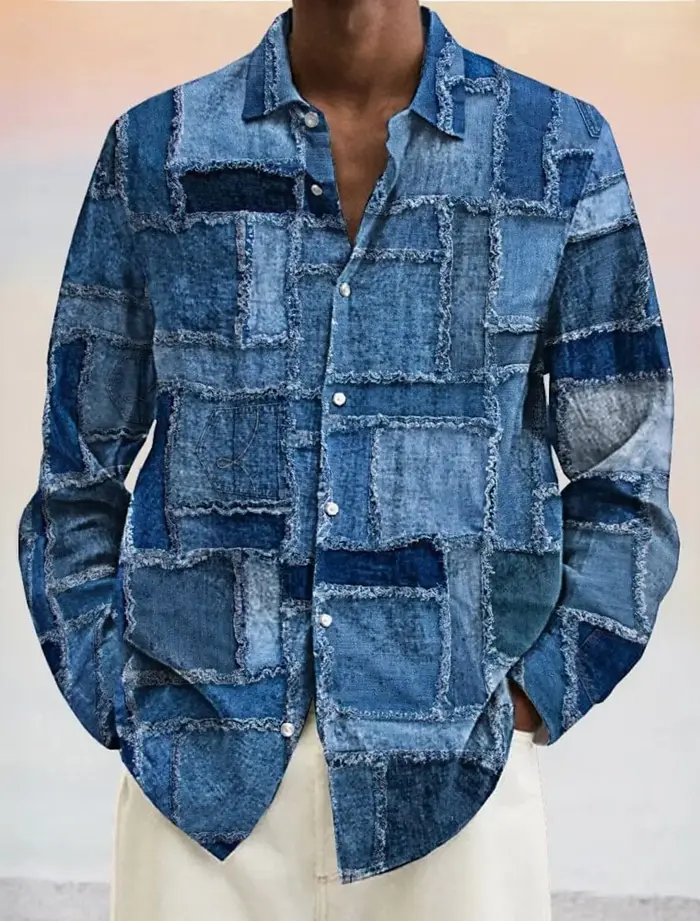 Chemise bloc de couleur géométrique pour hommes chemise boutonnée à manches longues mode décontracté