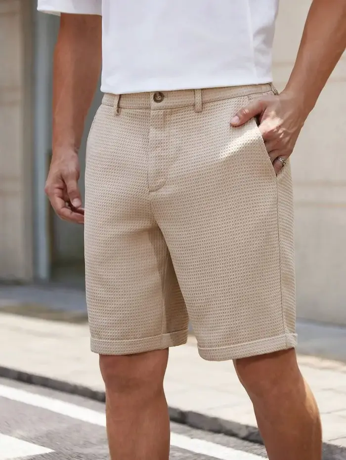 Shorts pour hommes à texture gaufrée, coupe slim, couleur unie, taille à boutons, décontractés d'été