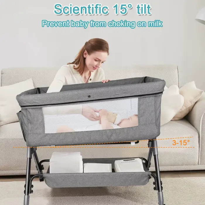 Lit Bébé jusqu'à 9 kg, Cododo Bébé, Réglage de la Hauteur 4 Hauteurs, Inclinaison, 4 Roulettes avec 