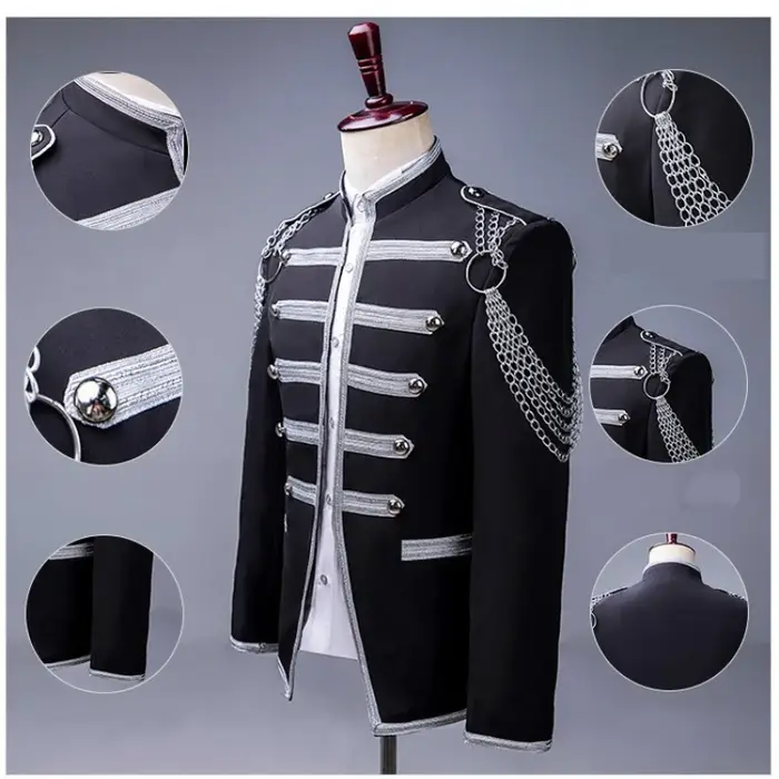 Blazer militaire noir avec chaîne argentée pour hommes, veste de spectacle de magicien pour chanteur
