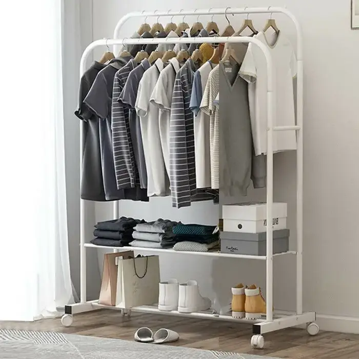 Étagère de rangement pour chaussures T1, grand support roulant à double rail, blanc, 1.5m