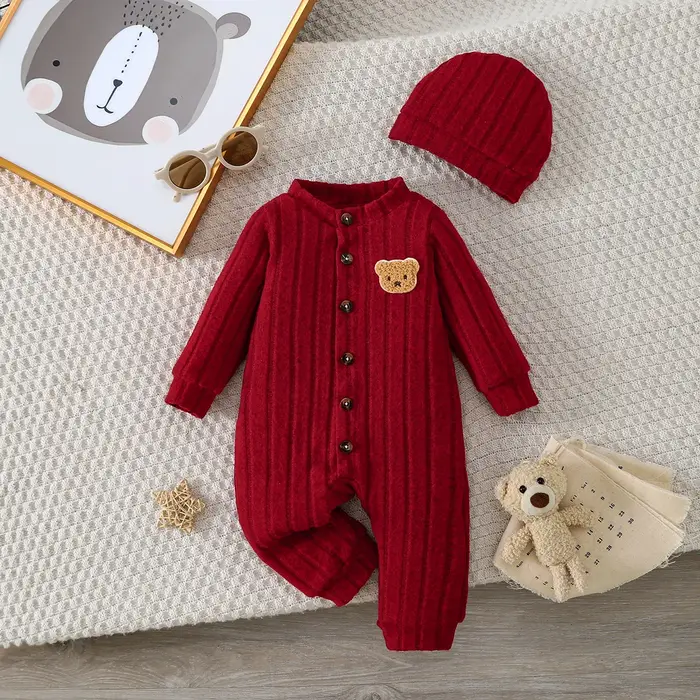 【Bébé garçon】 Combinaison rouge d'automne et d'hiver avec boutons à simple boutonnage sur le devant 