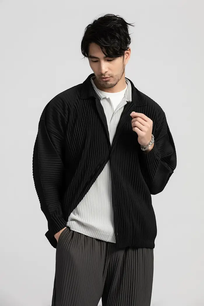 Miyake chemise plissée chemise à revers noir à manches longues t-shirt pour hommes manteau décontrac