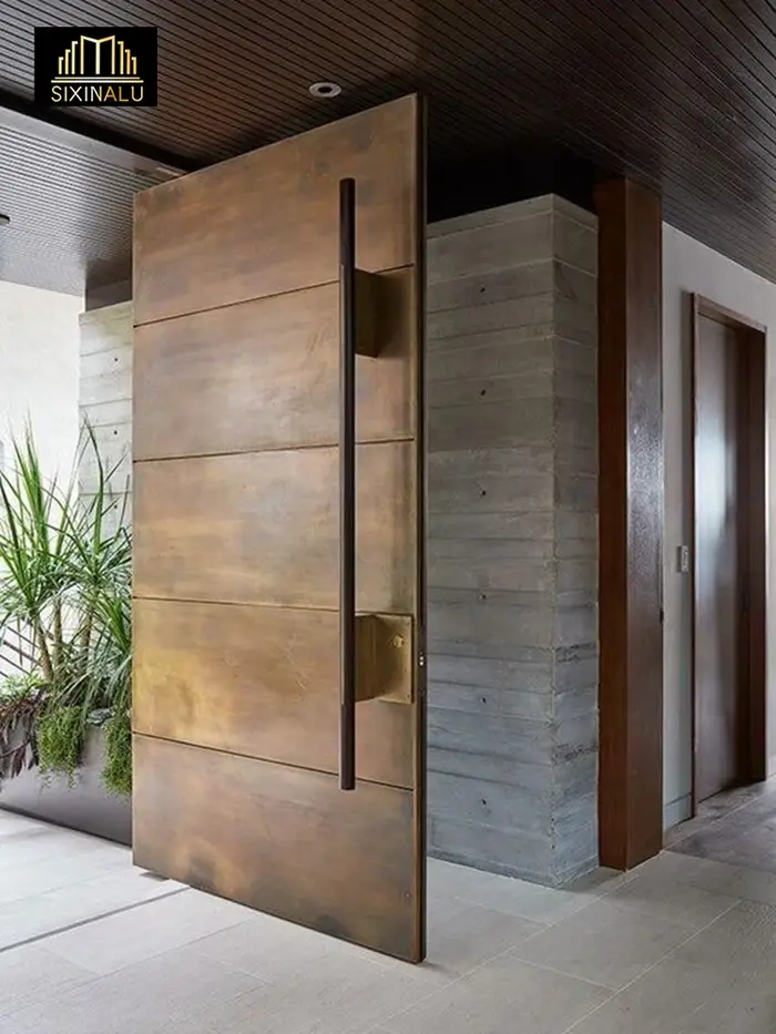 Porte d'entrée en grain de bois en alliage d'aluminium pivotante avant personnalisée pour entrée élégante et sûre occasions spéciales-decoration-maison