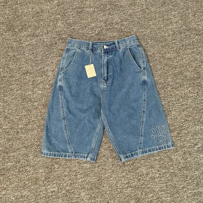 Short en Denim pour hommes, Streetwear, avec lettres brodées, droit, bleu délavé, Baggy, longueur au