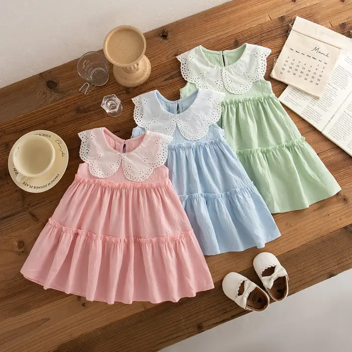 Robe plage été coton filles sans manches à revers couleur unie mignonne