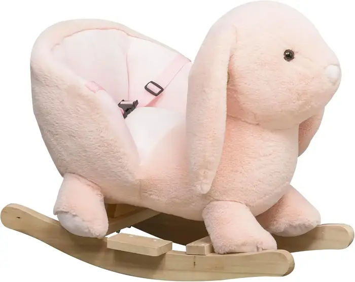 Qaba bébé cheval à bascule, lapin en peluche Animal Rocker avec son simulé, base en bois, ceinture d