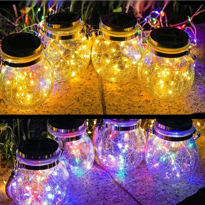 Lampe solaire en pot de verre fissuré, étanche IP65, 30led, blanc chaud et coloré, guirlande lumineu