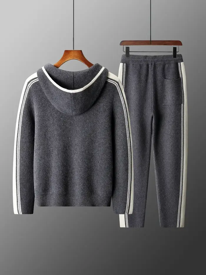 Ensemble deux pièces 100% laine mérinos pour hommes, Cardigan à col à capuche avec fermeture éclair 