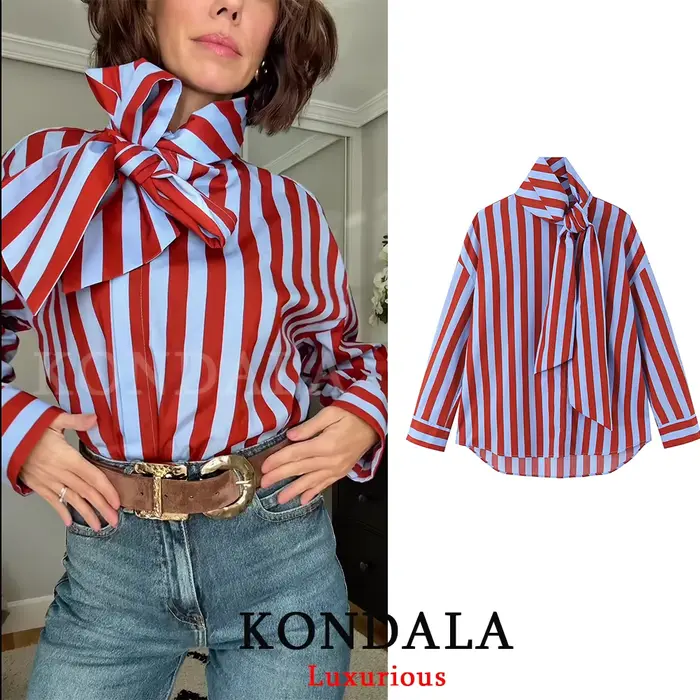 KONDALA Blouse Vintage Femme Rayée Col Rabattu Nœud Manches Longues Boutonnage Simple Mode Printemps