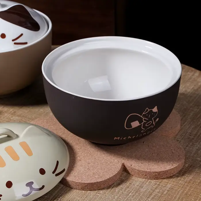 Bol à nouilles instantanées en céramique YWDL 550 ml avec couvercle, motif chat de dessin animé, cou