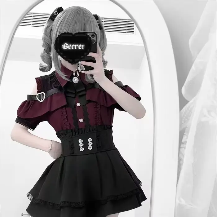 Ensemble Lolita de Type sol en forme de cœur doux foncé, haut à manches à volants et jupe trapèze, j