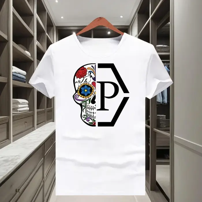 T-shirt classique tendance à col rond et manches courtes, imprimé demi-tête de mort et fleurs, pour 