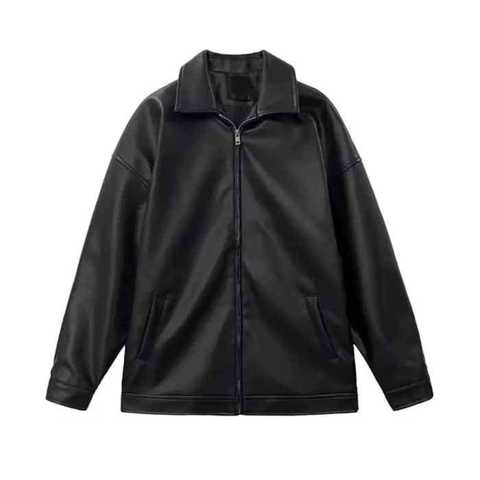 Veste en cuir PU noir surdimensionnée, col zippé, veste pour homme, style coréen, veste bomber décon