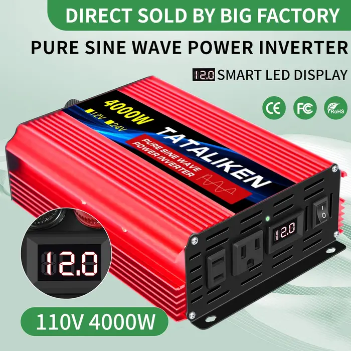 Onduleur à onde sinusoïdale Pure 1000W-4000W DC 12V/24V à AC 110V 60hz, adaptateur de convertisseur 