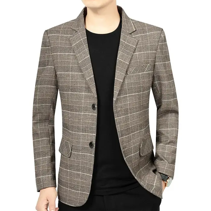 Blazer Homme Automne Tendance Rayé Contraste de Couleurs Veste de Costume Masculine Col Rabattu Manc